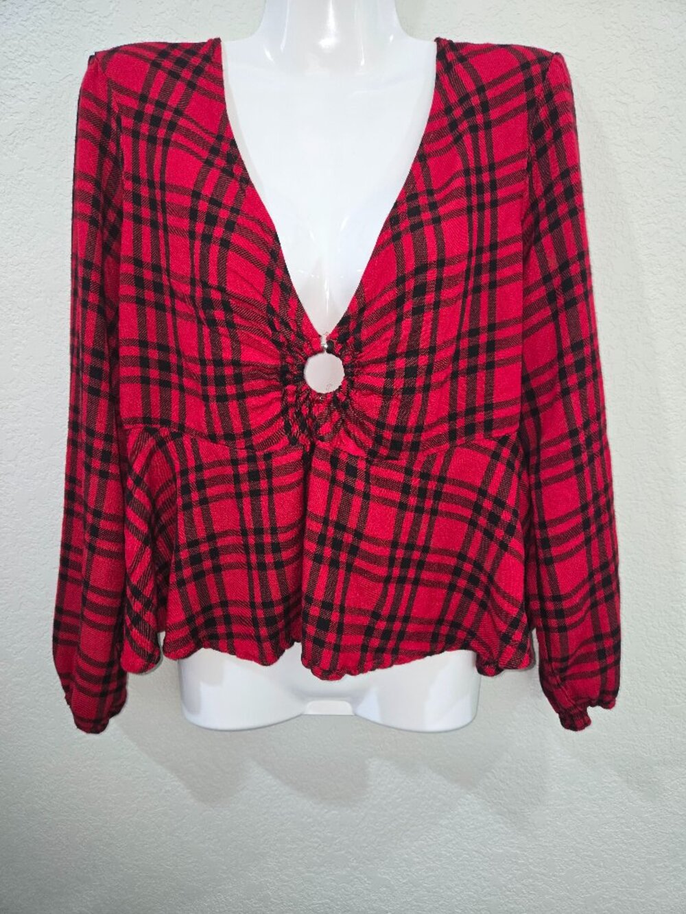 VENUS Red & Black Plaid Peplum Top - Size 12